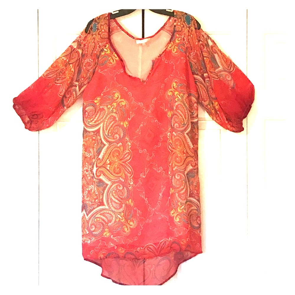 glam bright colored paisley high/low dress